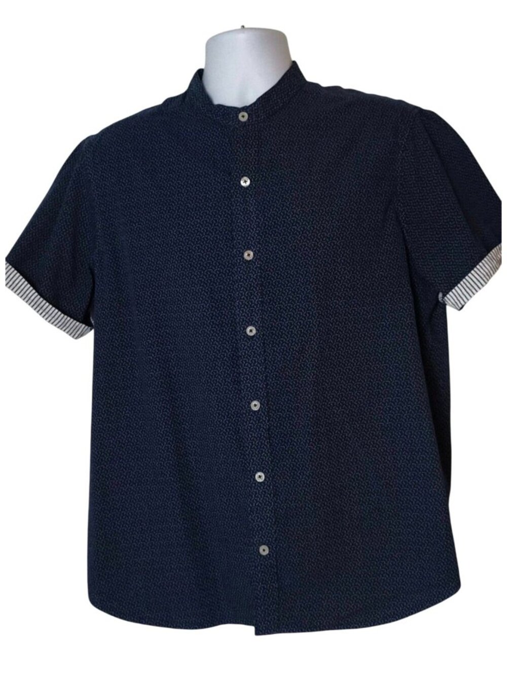 English Laundry Mens L Button-Up Short Slv Shirt Navy Geometric Preppy Designer